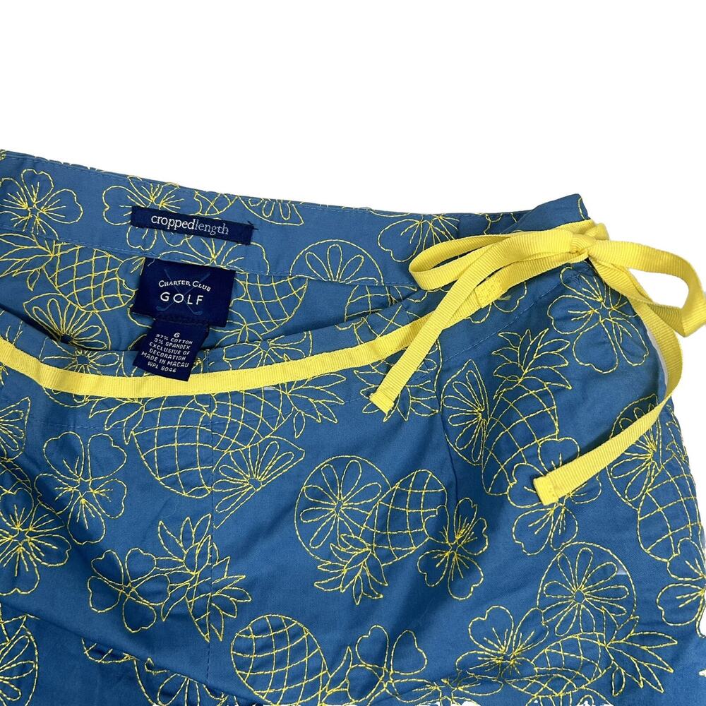Charter Club Golf Pants sz 6 Blue Yellow Embroidered Floral Crop Capri Pineapple